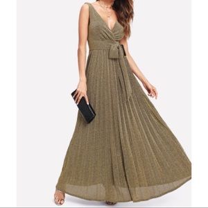 V Neck Self belted glitter pleated surplice dress